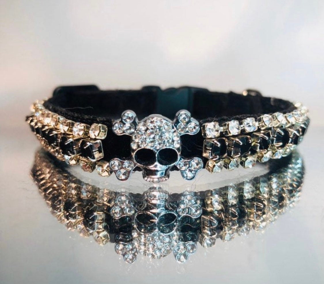 Black velvet collar with silver skull design and rows of rhinestones on a reflective surface.