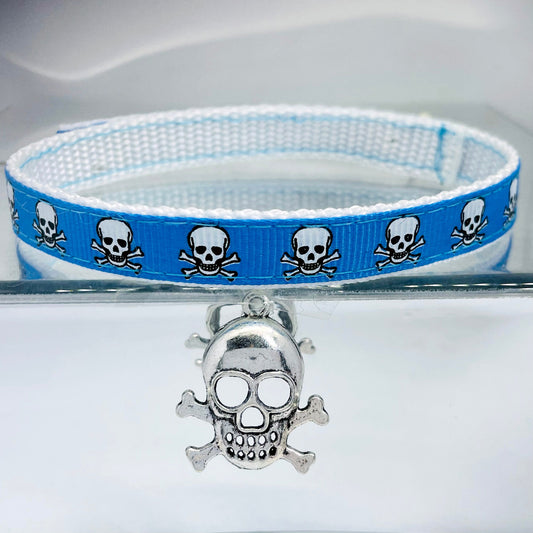 Bright Blue Skulls Cat Collar, Kitten Safe Breakaway Collar and Skull Charm