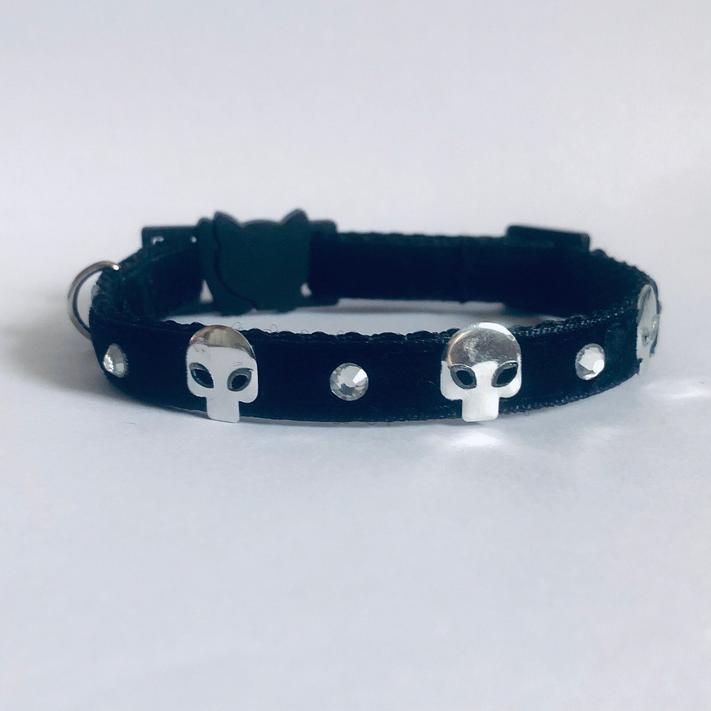 Black Velvet Goth Kitty Safety Collar with Silver  Skulls, Optional Diamantés & Bell