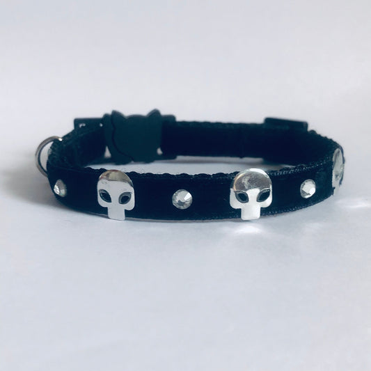 Black Velvet Goth Kitty Safety Collar with Silver  Skulls, Optional Diamantés & Bell