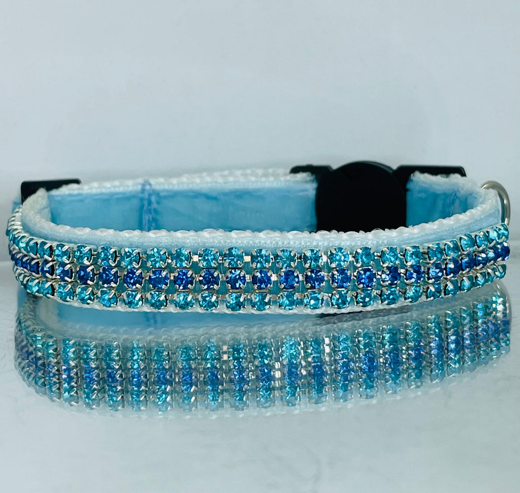 Azure and Cyan Velvet and Crystal Safety Cat Collar
