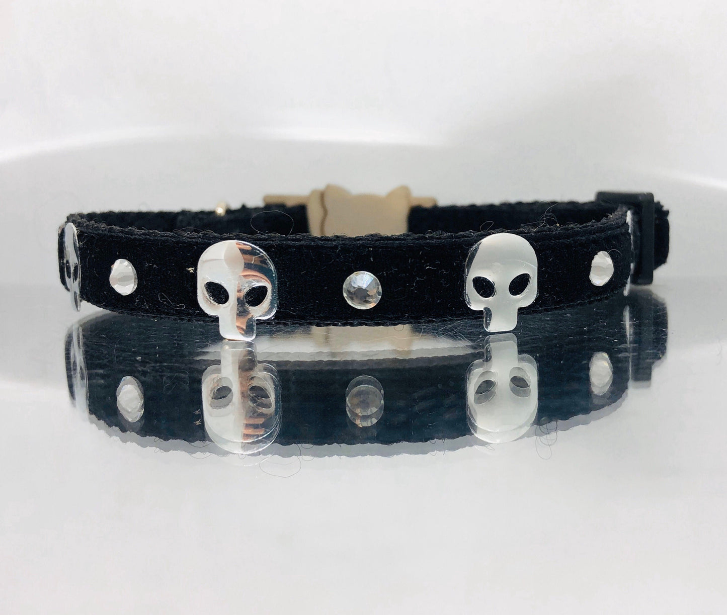 Black Velvet Goth Kitty Safety Collar with Silver  Skulls, Optional Diamantés & Bell