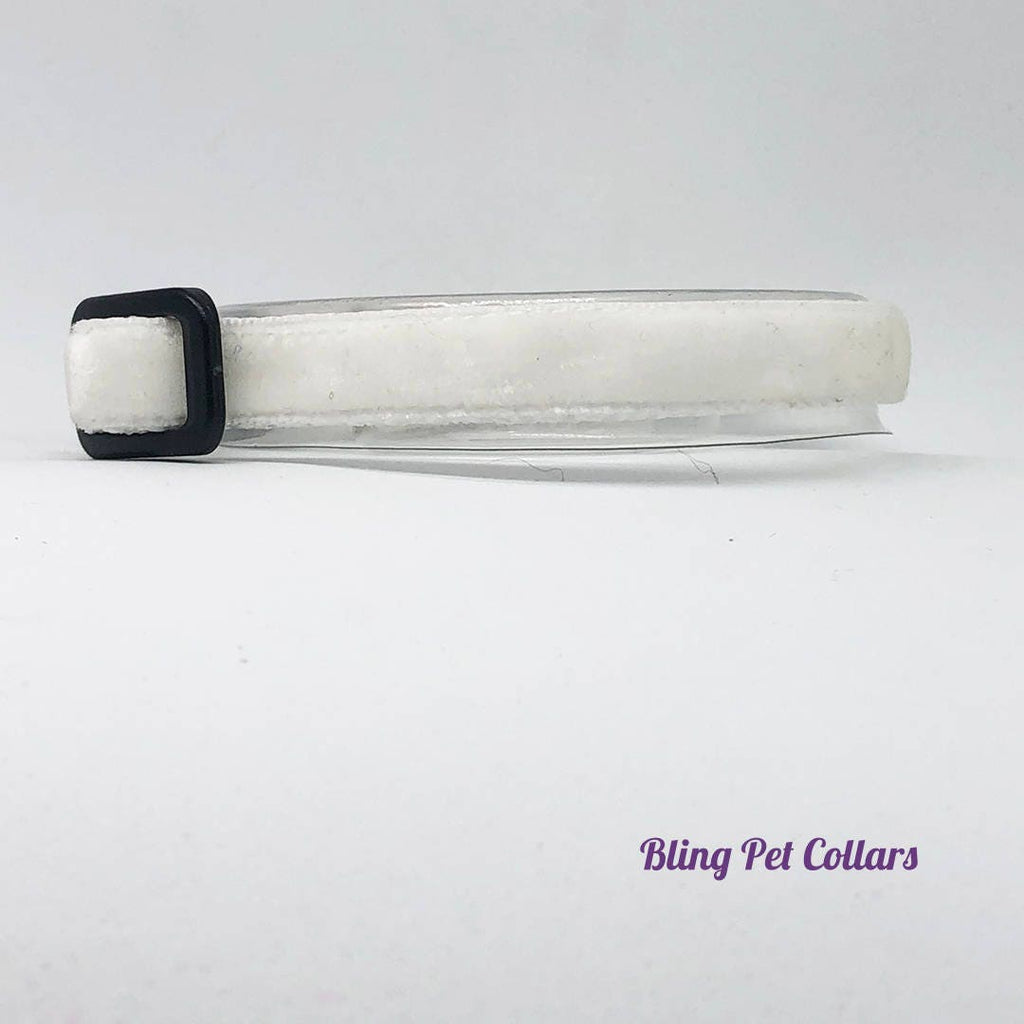 White pet collar on a white background, branded 'Bling Pet Collars'.
