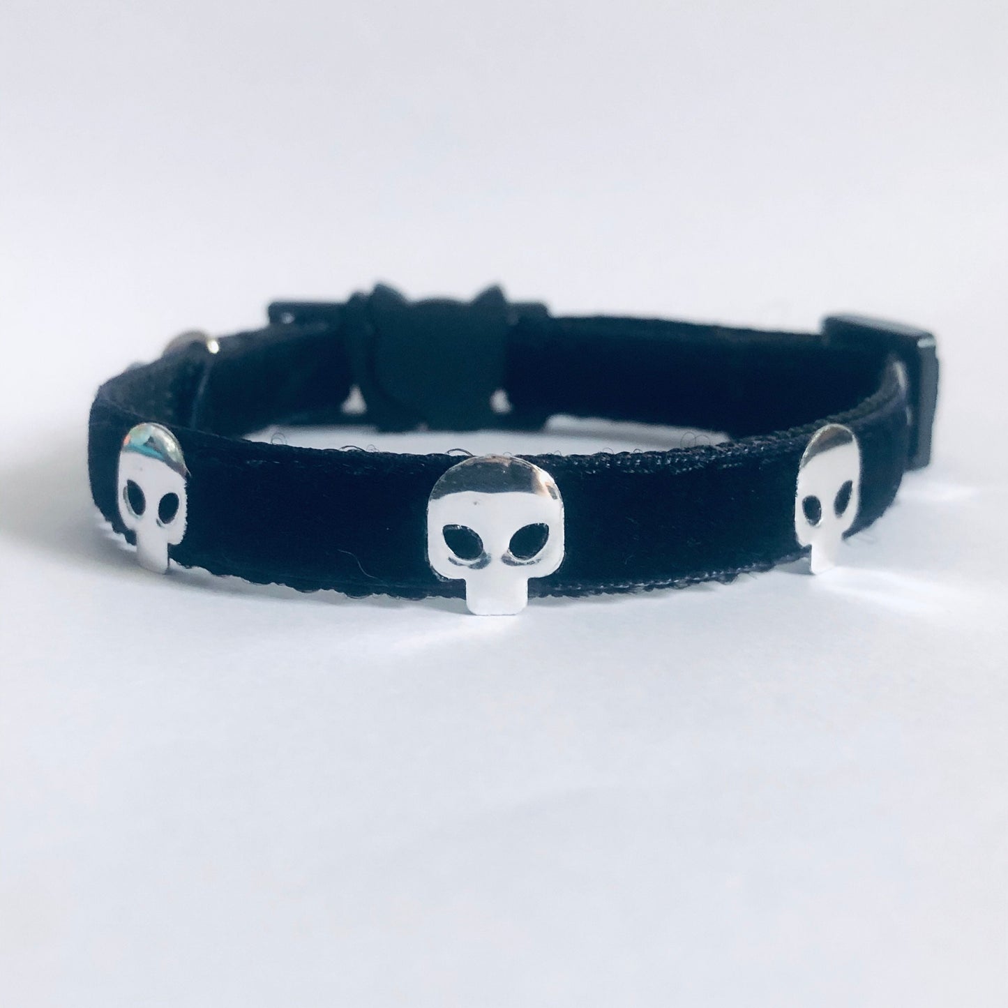 Black Velvet Goth Kitty Safety Collar with Silver  Skulls, Optional Diamantés & Bell