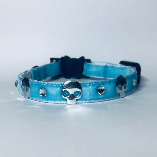 Cat Collar - Baby Blue Velvet Goth Kitty Safety Collar with Bell