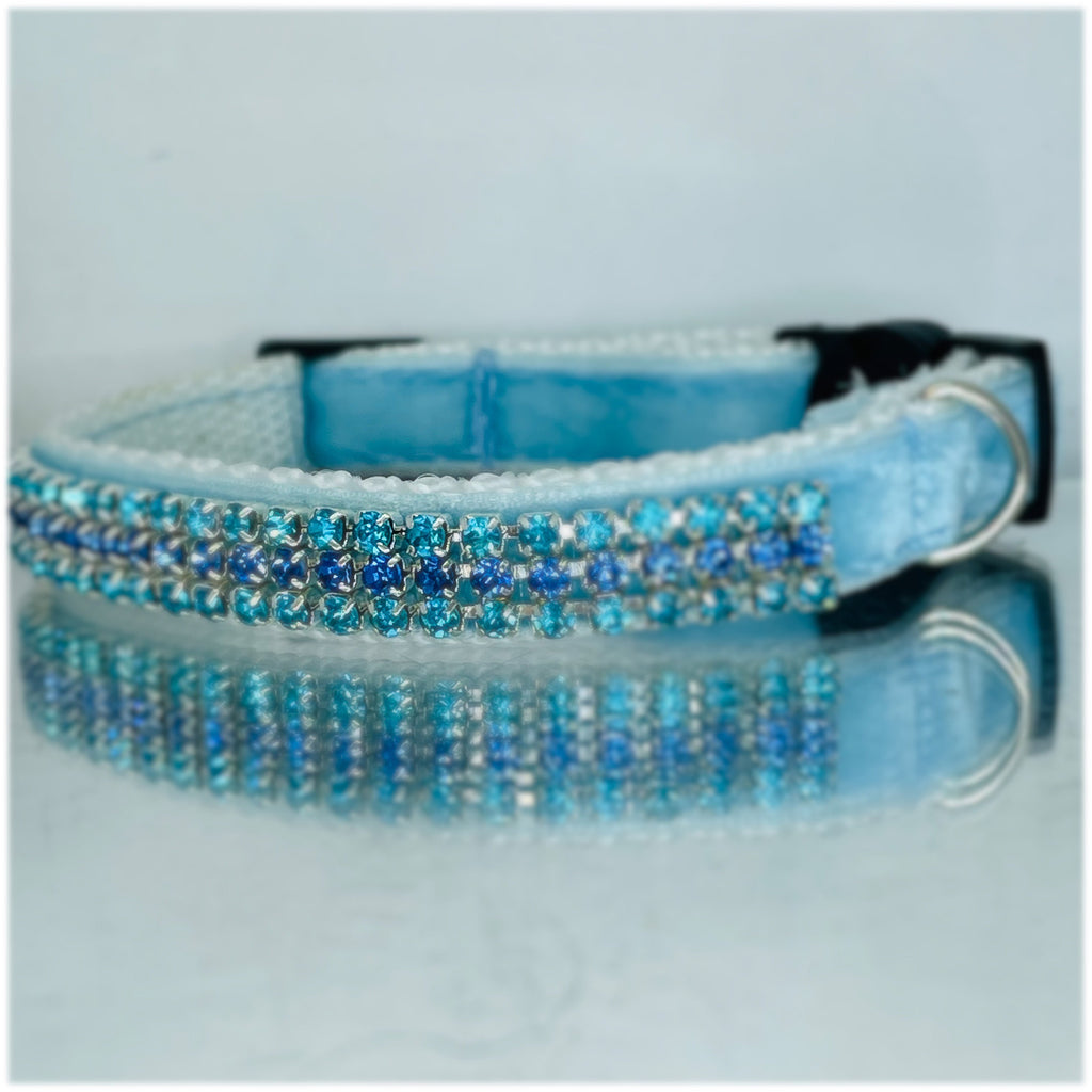 Azure and Cyan Velvet and Crystal Safety Cat Collar