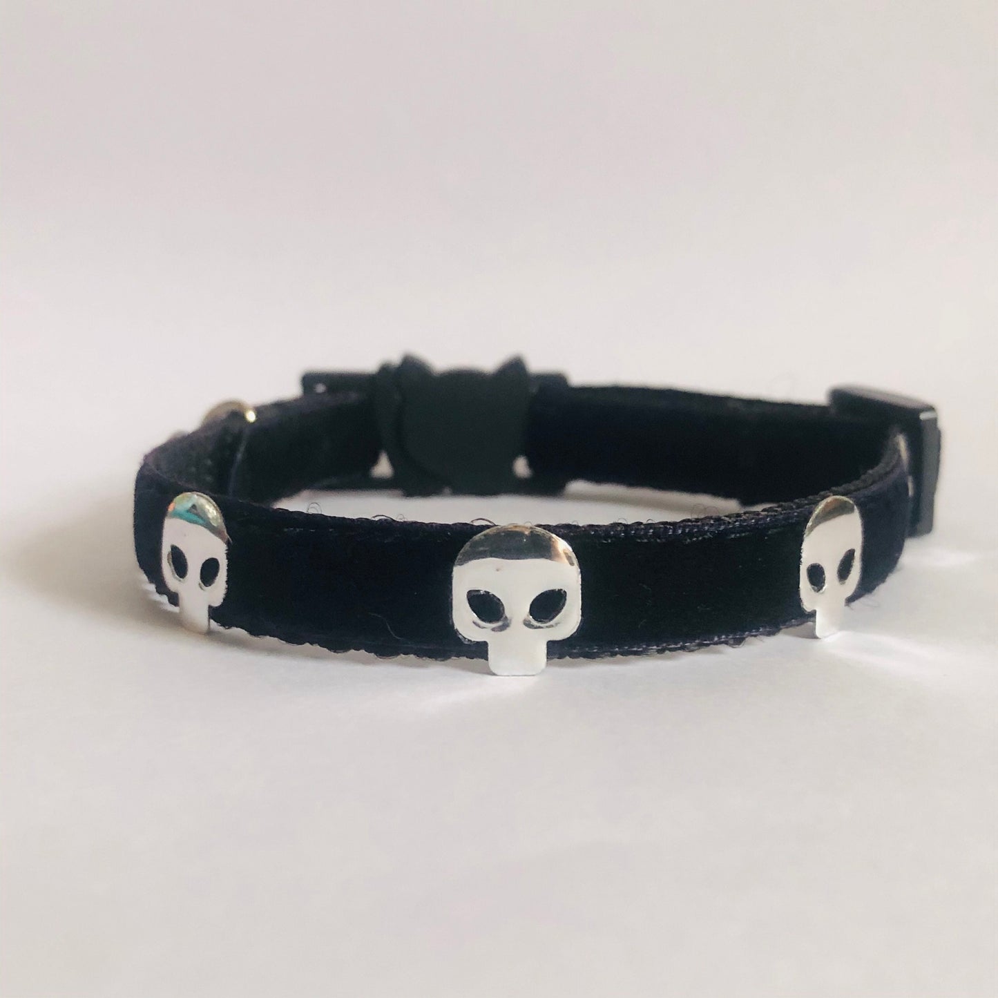Black Velvet Goth Kitty Safety Collar with Silver  Skulls, Optional Diamantés & Bell