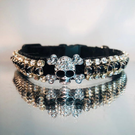 Black Velvet Crystal Skull Cat Collar and Bell
