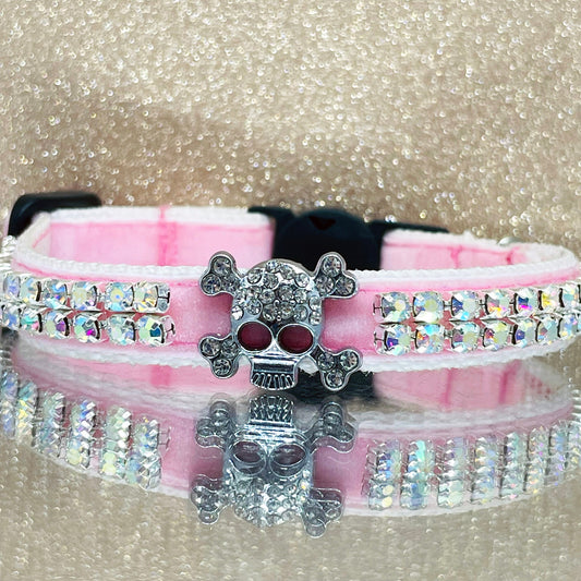 Pink Velvet Crystal Skull Cat Collar with two rows of diamantés