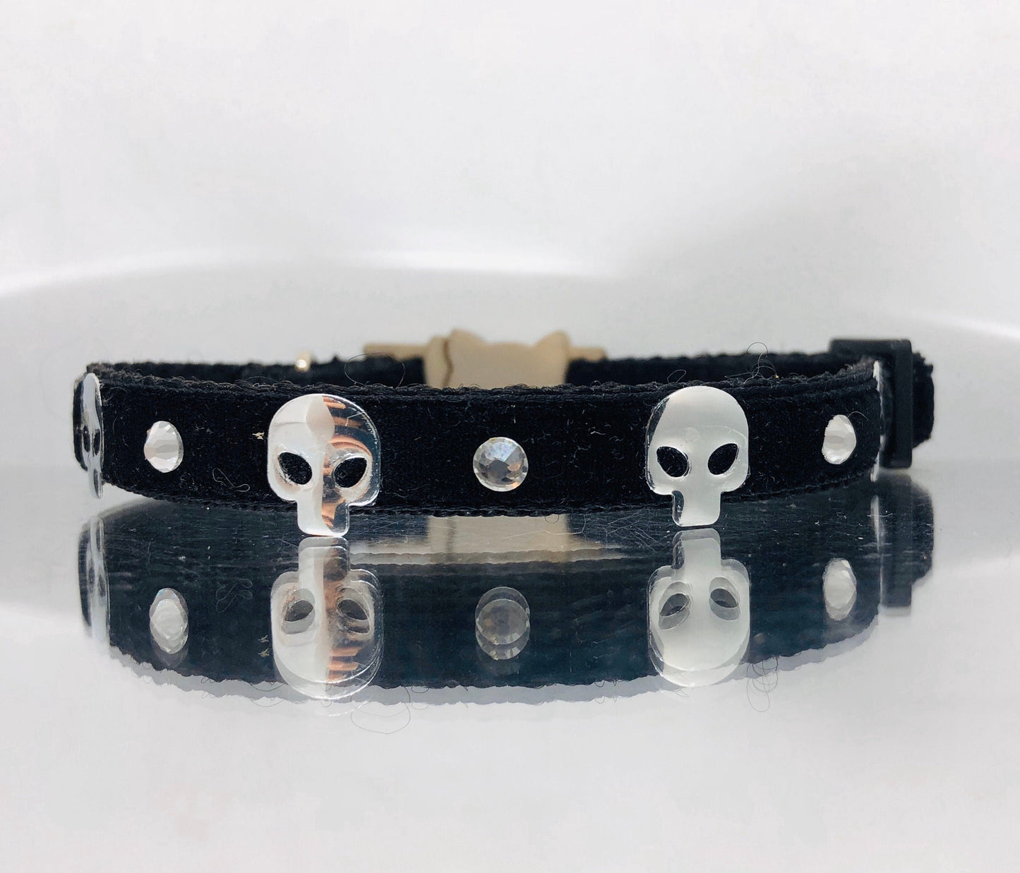Black Velvet Goth Kitty Safety Collar with Silver  Skulls, Optional Diamantés & Bell