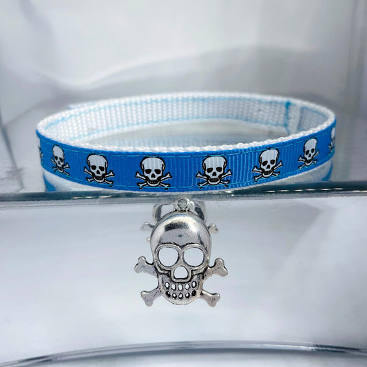 Bright Blue Skulls Cat Collar, Kitten Safe Breakaway Collar and Skull Charm