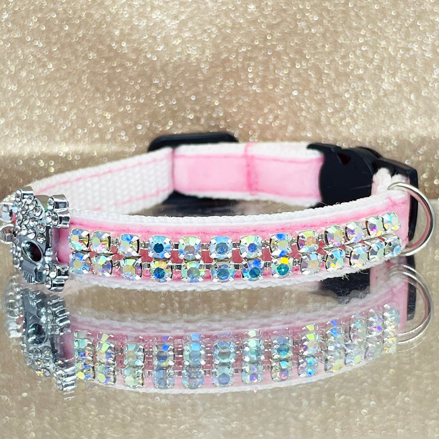 Pink Velvet Crystal Skull Cat Collar with two rows of diamantés