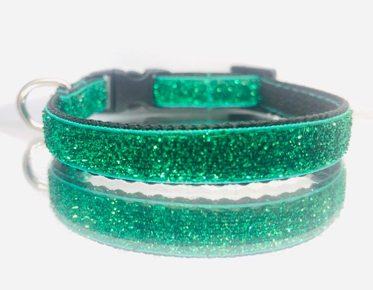 Green Glitter Safety Cat Collar, Tinsel, Kitten Collar, Lightweight, Handmade, Breakaway Buckle