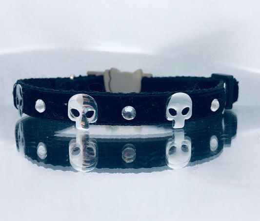 Black Velvet Goth Kitty Safety Collar with Silver  Skulls, Optional Diamantés & Bell