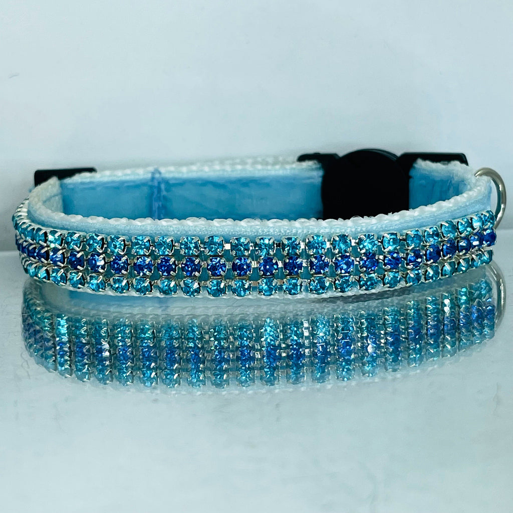 Azure and Cyan Velvet and Crystal Safety Cat Collar