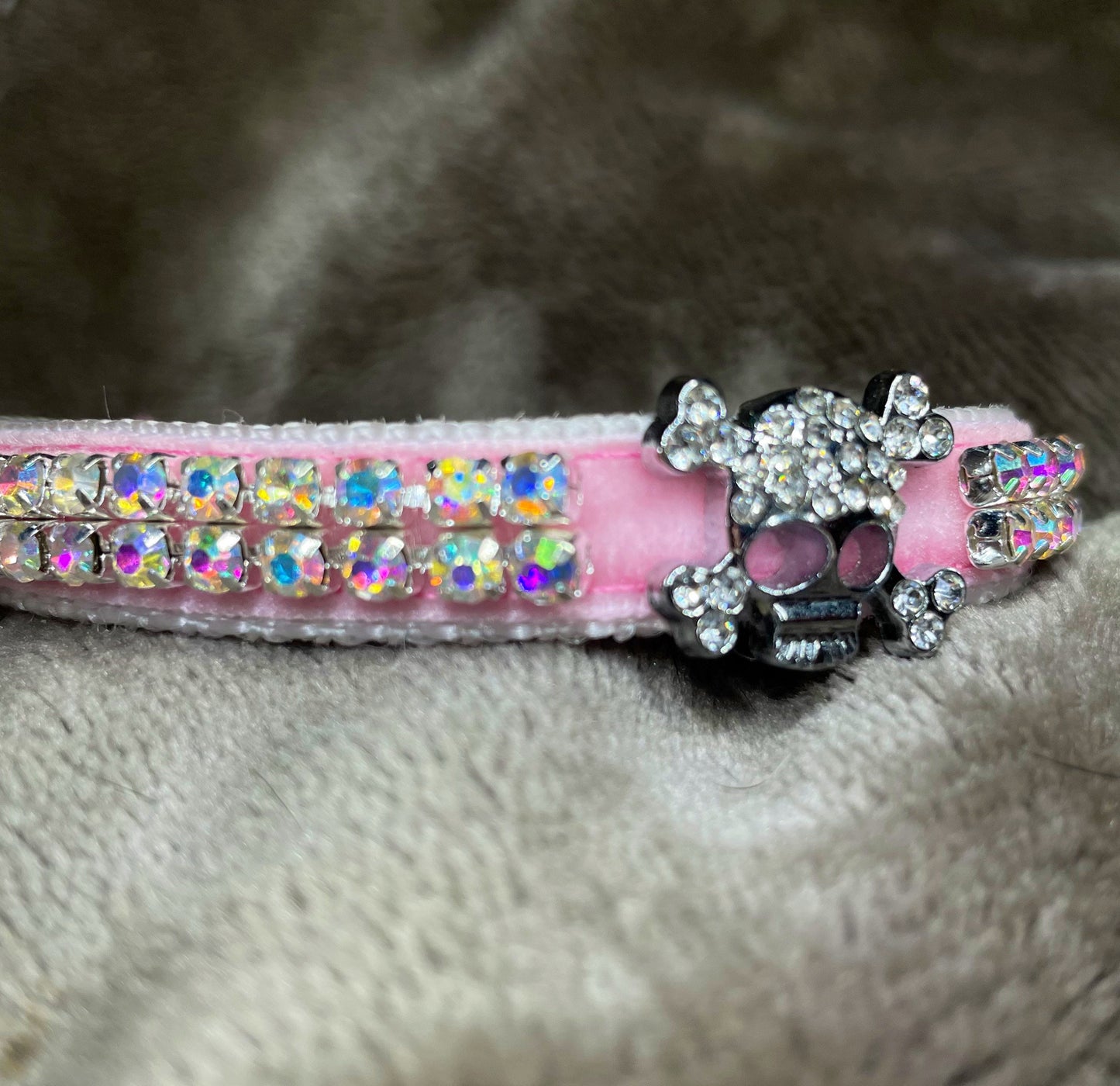 Pink Velvet Crystal Skull Cat Collar with two rows of diamantés