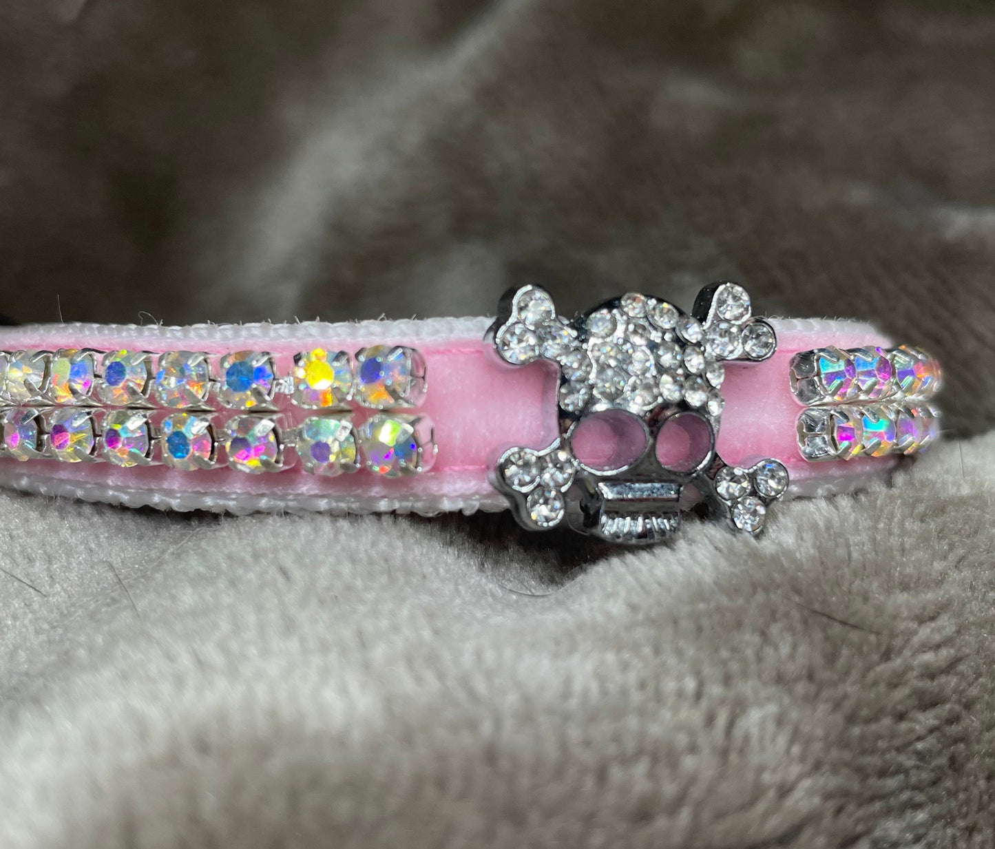 Pink Velvet Crystal Skull Cat Collar with two rows of diamantés