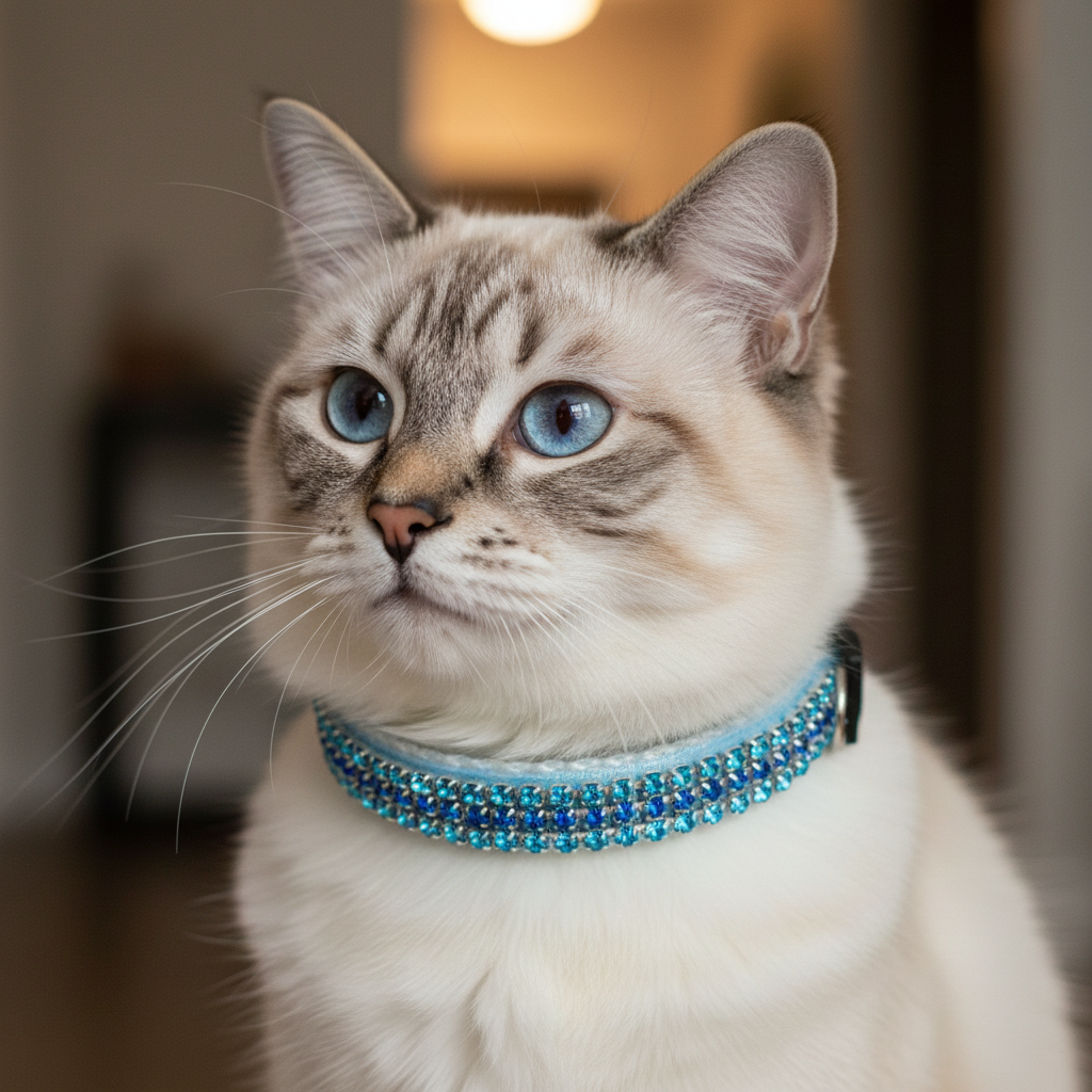 Sicherheits-Katzenhalsband aus azur- und zyanfarbenem Samt und Kristall