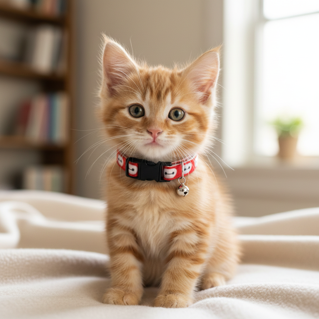 Orange kitten wearing a red collar with cartoon characters on a bed.