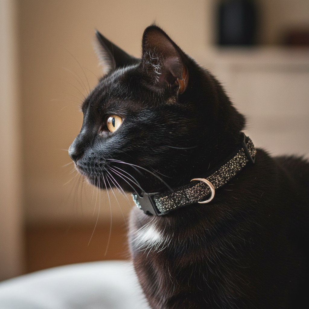 Collier de sécurité pour chat à paillettes et guirlandes noires et argentées