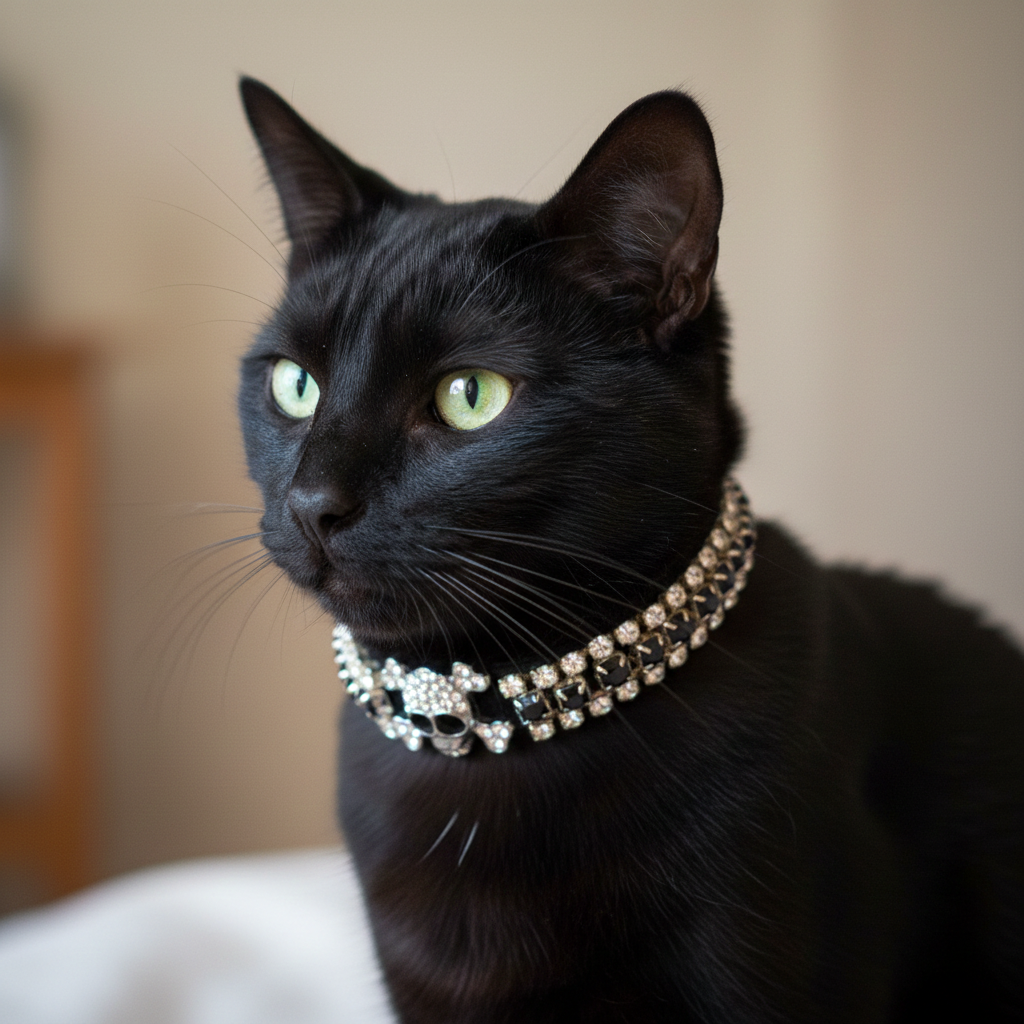 Black cat wearing a decorative collar with a blurred background