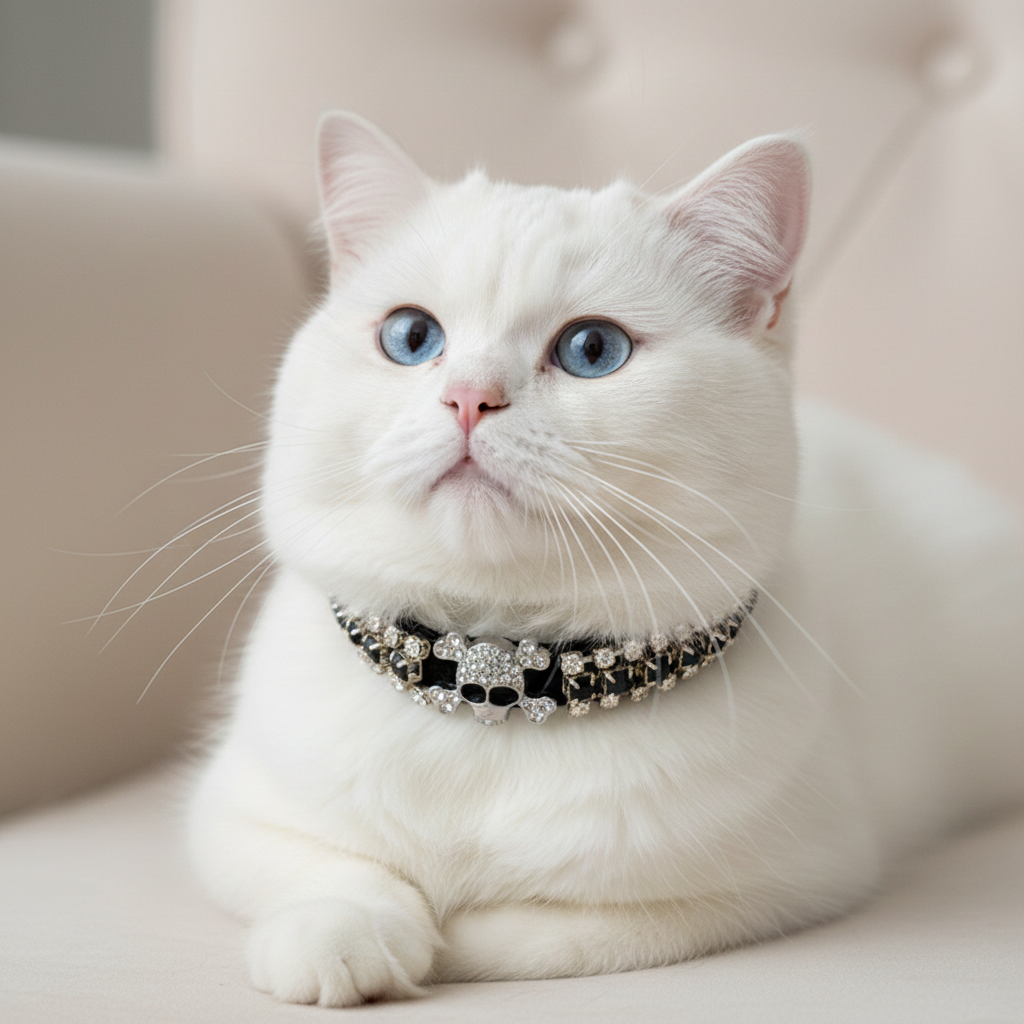 White cat with blue eyes wearing a decorative collar on a soft background
