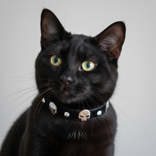 Black cat wearing a collar with skull designs on a plain background