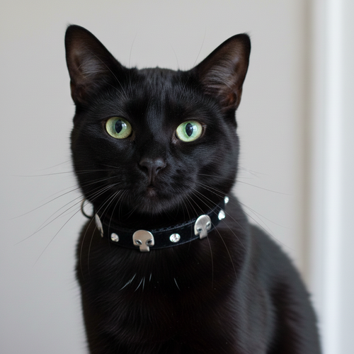 Black cat wearing a collar with skull designs on a plain background