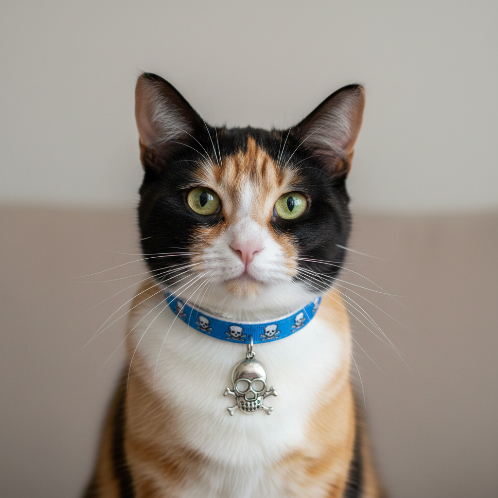 Calico cat wearing a blue collar with a skull and crossbones pendant on a neutral background