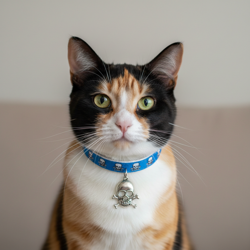 Calico cat wearing a blue collar with a skull and crossbones pendant on a neutral background