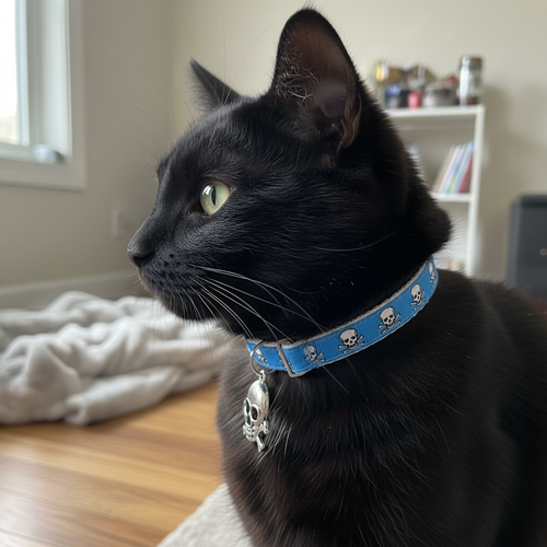 Black cat wearing a blue collar with skull patterns indoors.