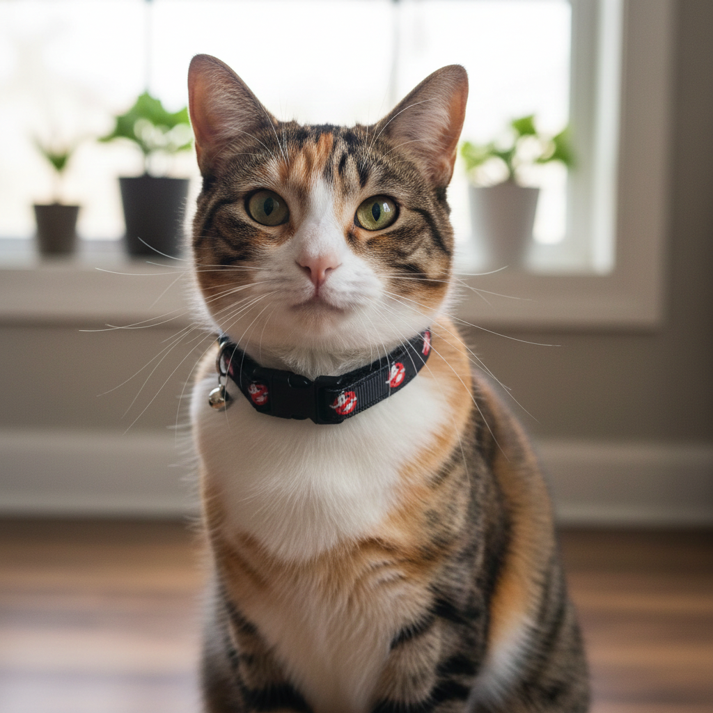 Calico cat wearing a collar with Ghostbusters logo