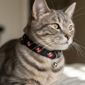 Cat wearing a collar with a bell, looking to the side.
