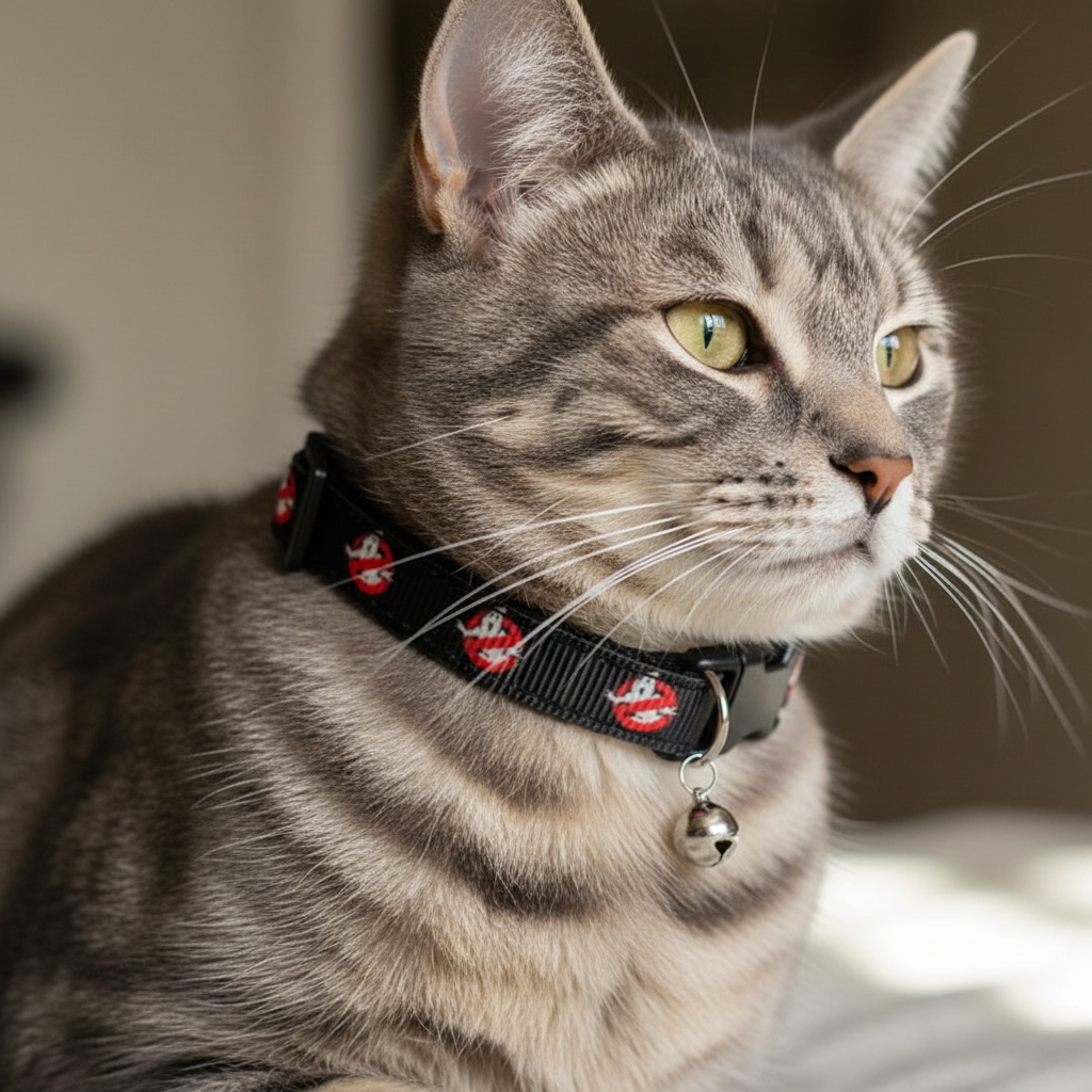 Cat wearing a collar with a bell, looking to the side.