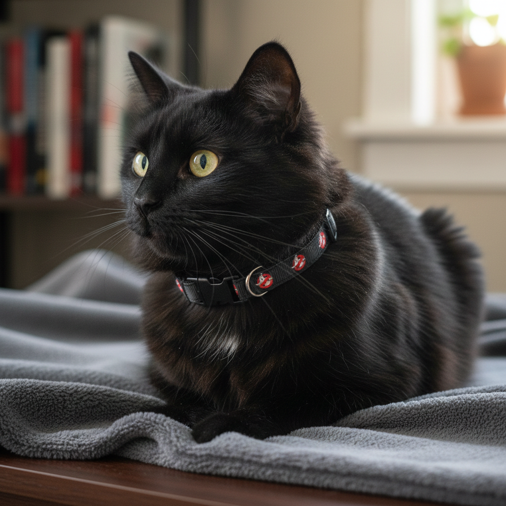 Black cat wearing a collar sitting on a blanket with books and a plant in the background