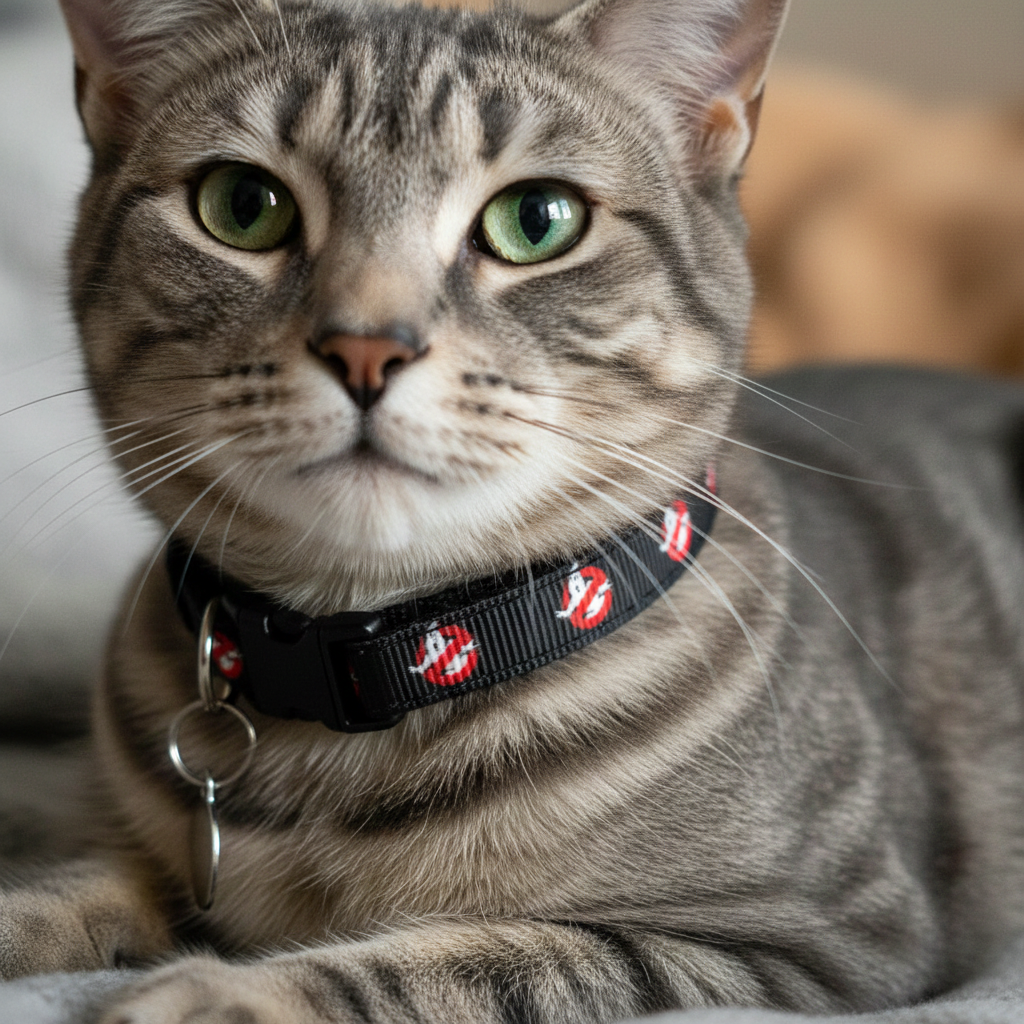 Cat wearing a collar with a ghostbusters design, looking directly at the camera.
