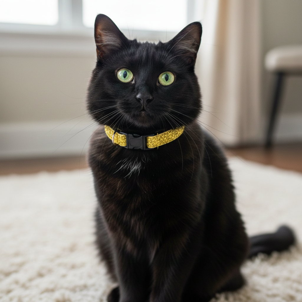 Black cat wearing a sparkly gold collar sitting on a carpeted floor.