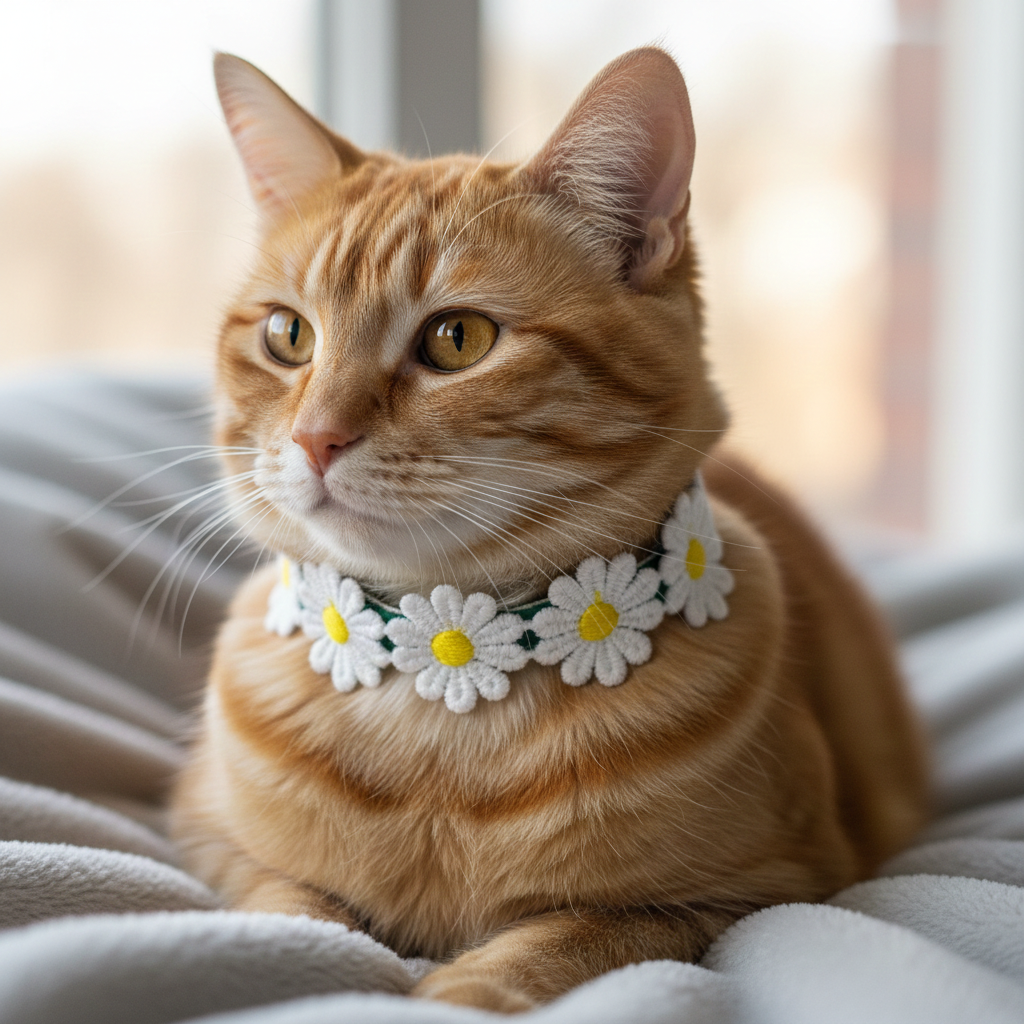 Orange tabby cat wearing a daisy flower collar on a soft surface