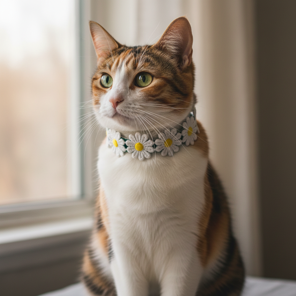 Cat wearing a floral collar sitting by a window