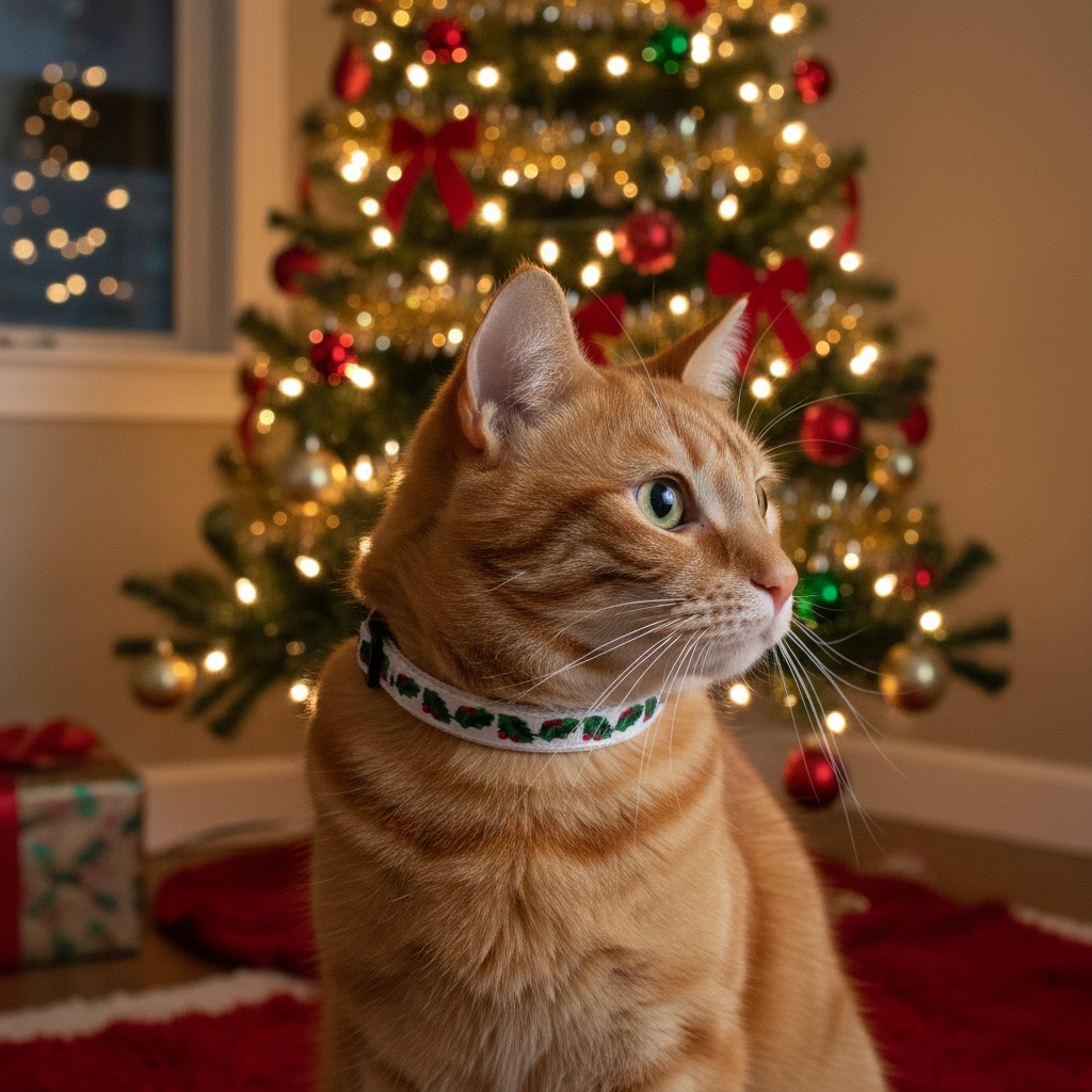 Weihnachtskatzenhalsband „Holly Jolly“ mit Anhänger und Glöckchen