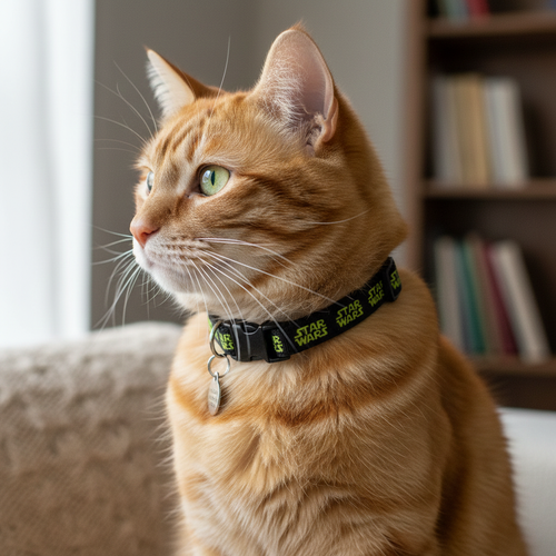 Orange cat wearing a Star Wars collar sitting on a couch with a bookshelf in the background.