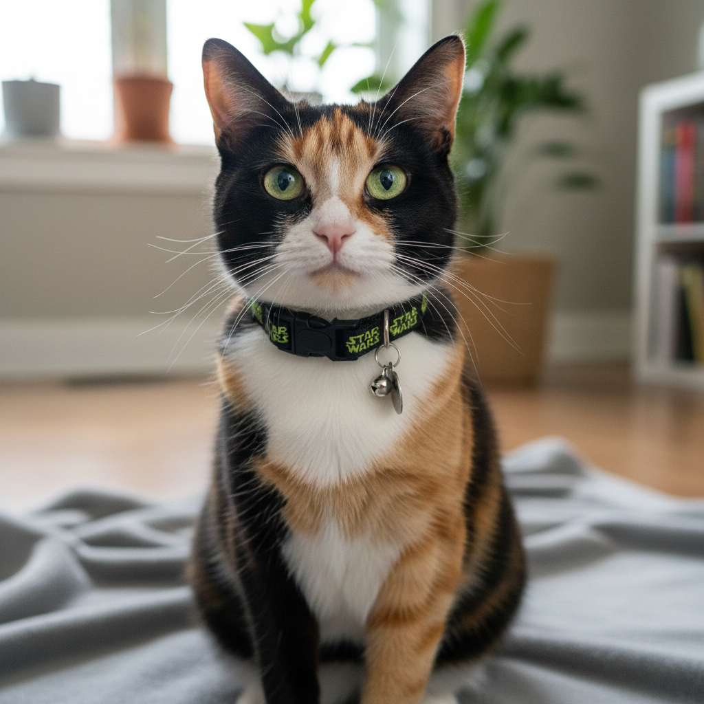 Calico cat wearing a collar with a bell indoors