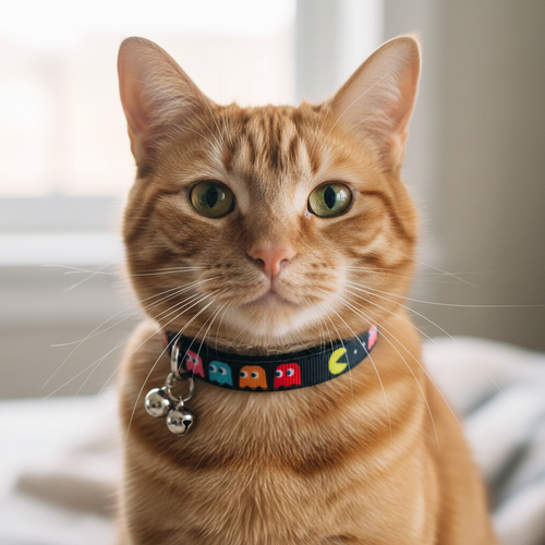 Orange tabby cat wearing a colorful collar with bells indoors.