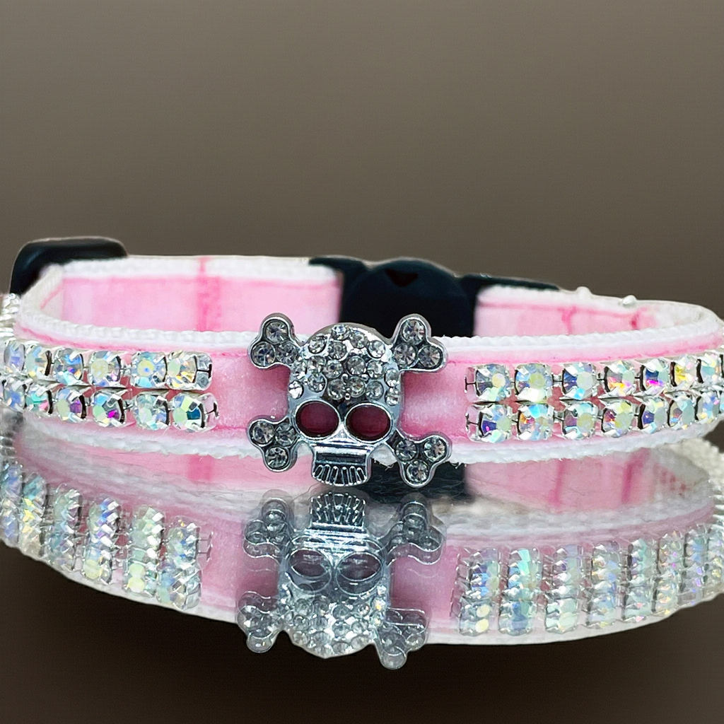 Pink Velvet Crystal Skull Cat Collar with two rows of diamantés