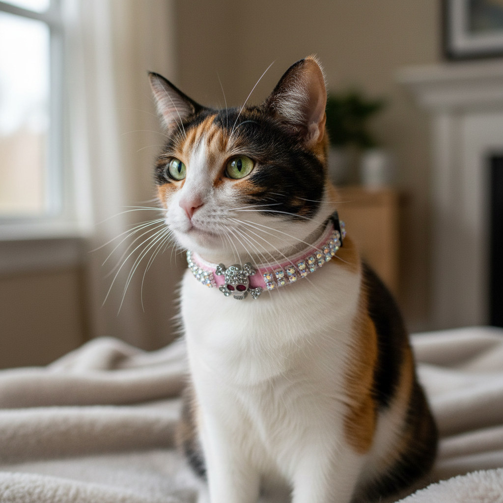 Pink Velvet Crystal Skull Cat Collar with two rows of diamantés
