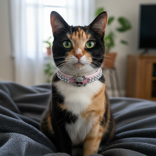 Pink Velvet Crystal Skull Cat Collar with two rows of diamantés