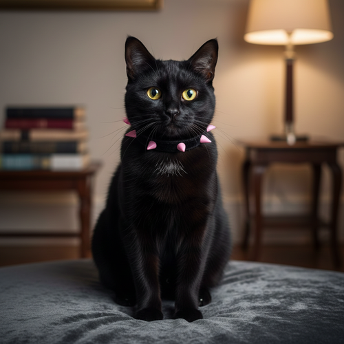 Black cat with black collar sitting on a bed in a room with a lamp and books.
