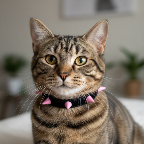Cat wearing a black collar with pink spikes in a blurred indoor setting
