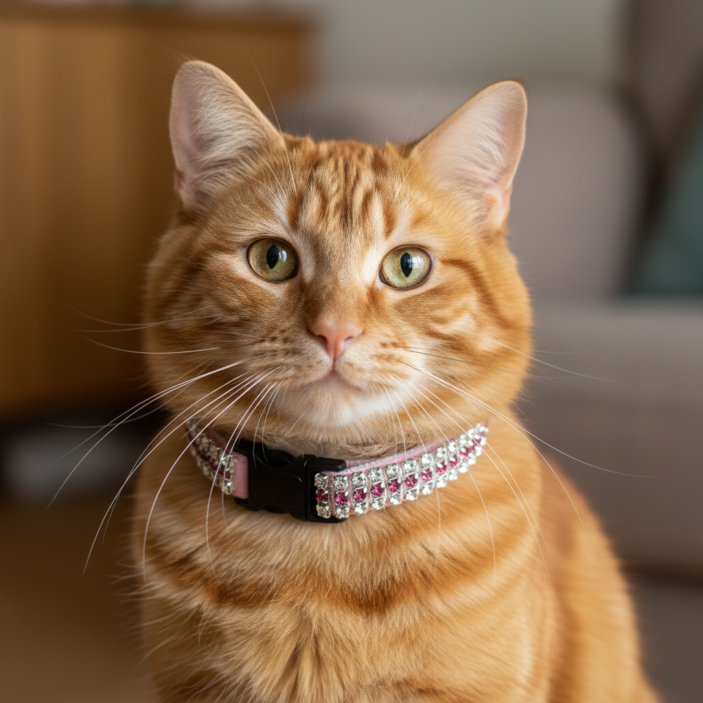 Rosa Samt Katzenhalsband mit Kristall und Glöckchen