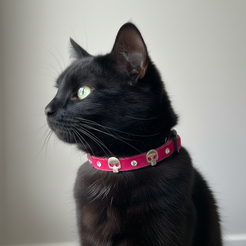 Black cat wearing a pink collar with skull designs on a plain background